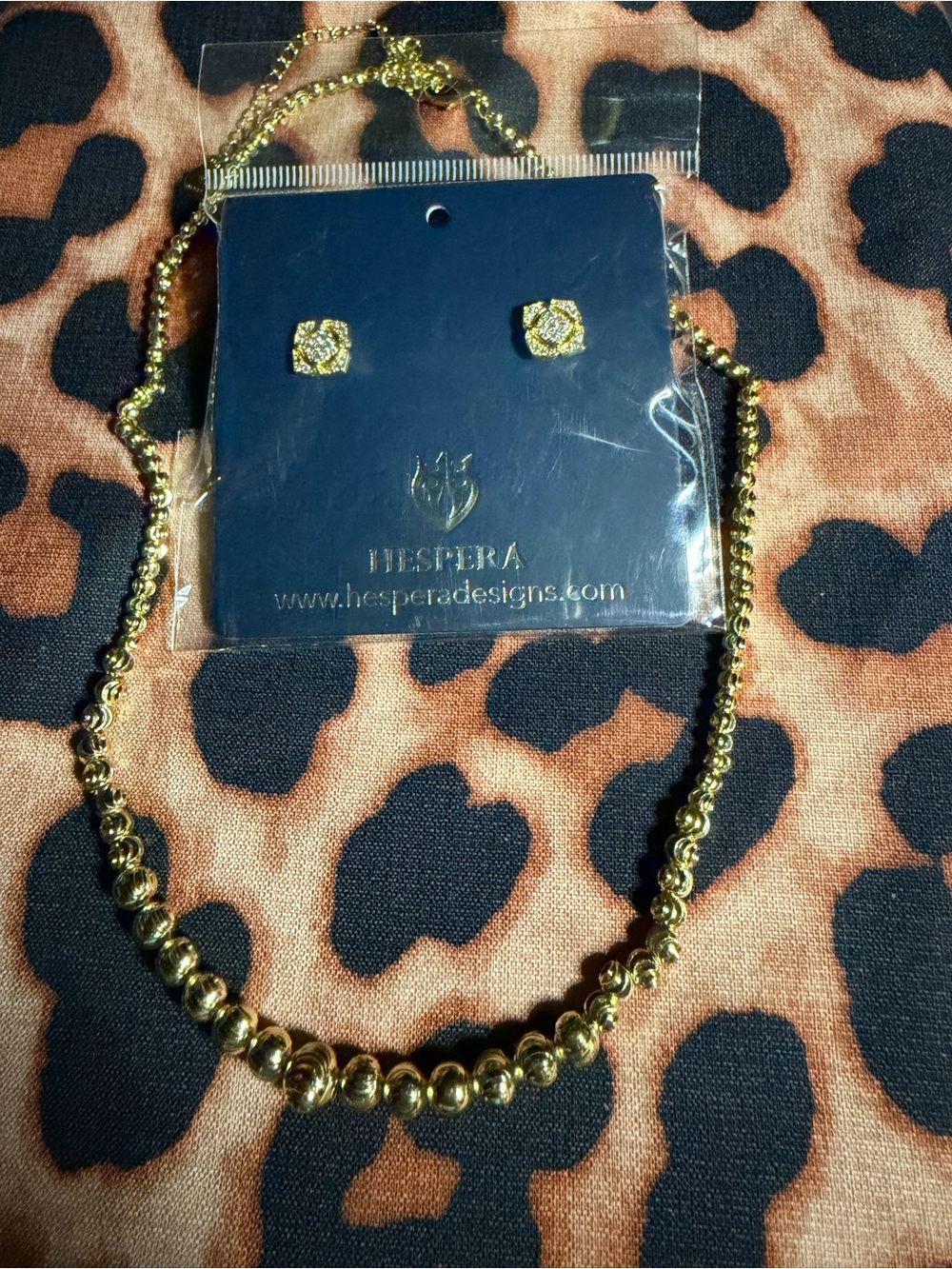 Hespera Gold Beaded Necklace with Crystal Stud Earrings